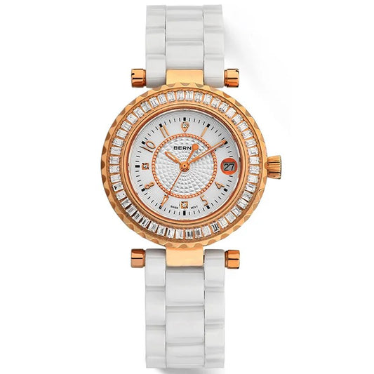 Berny Watch Swiss Quartz 705 Ceramic Bracelet Wristwatch Sapphire Rhinestones