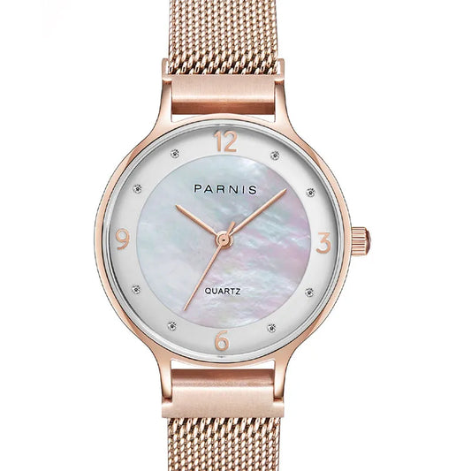 Parnis 30mm Rose Gold Mother Of Pearl Fashion Watch Stainless Steel Magnet Strap Waterproof