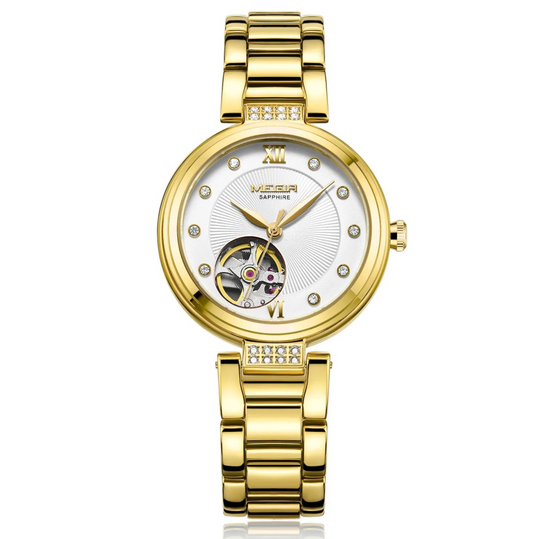 Megir Stainless Steel Gold Bracelet Watch with Large Dial, Sapphire Crystal Glass, Automatic and Water Resistant