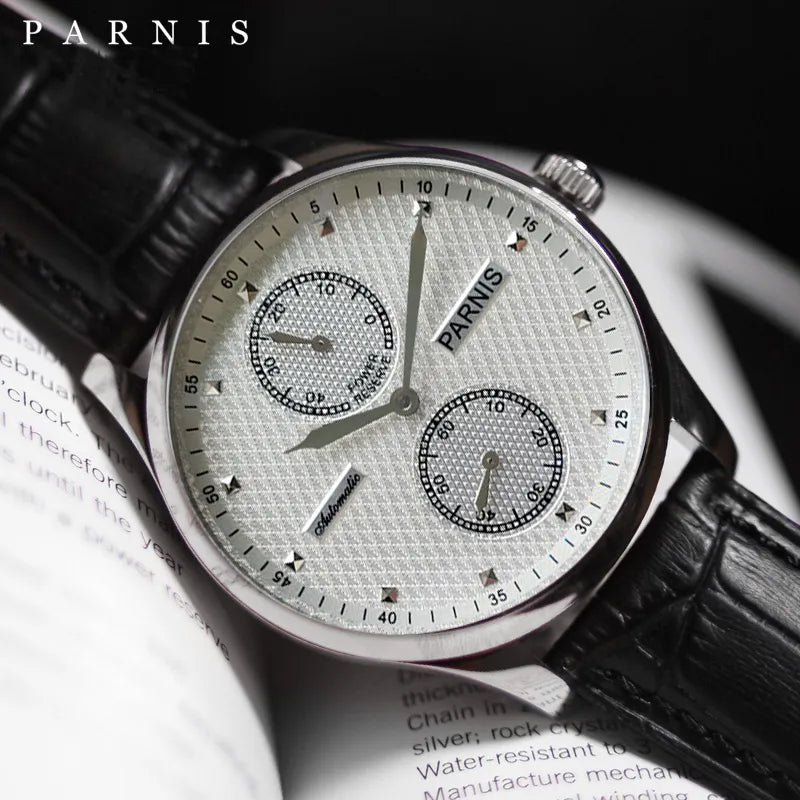 Parnis 43mm White Dial Automatic Watch Power Reserve Leather Strap