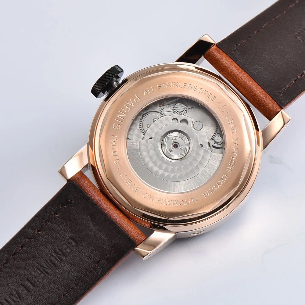 Parnis 43mm Rose Gold Case Mechanical Watch Automatic Waterproof Power Reserve