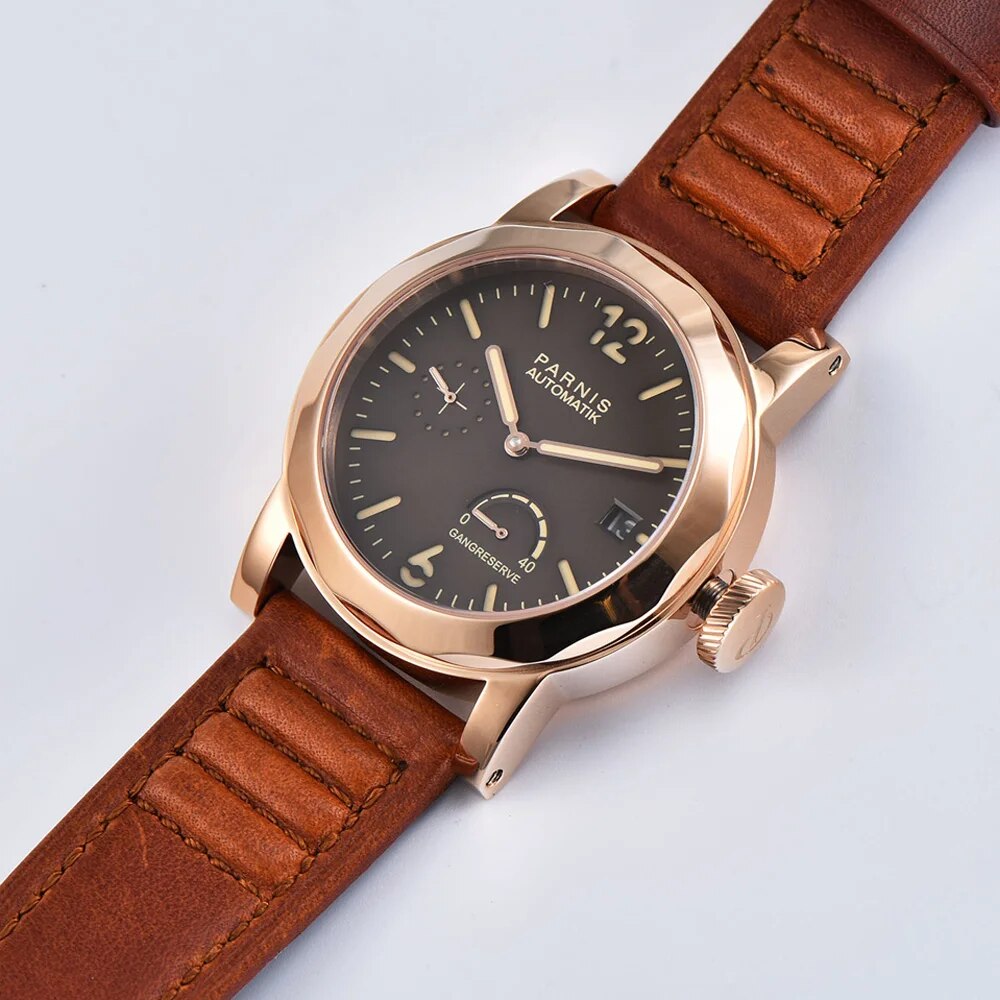 Parnis 43mm Rose Gold Case Mechanical Watch Automatic Waterproof Power Reserve