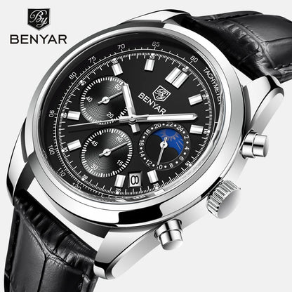 Benyar Men's Watch Chronograph Quartz Leather Band and Waterproof