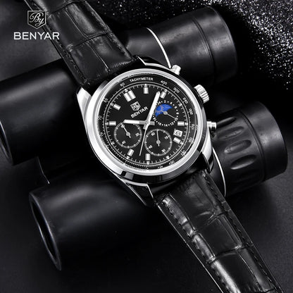 Benyar Men's Watch Chronograph Quartz Leather Band and Waterproof