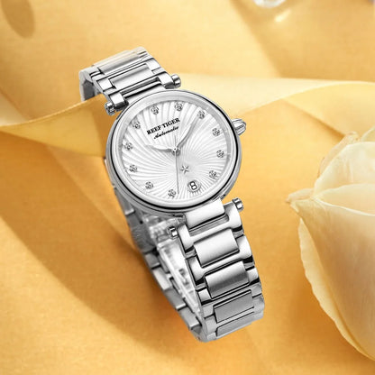 Reef Tiger RGA1590 Women Luxury Austria Crystal Scale Sapphire Mirror Lady Automatic Watch