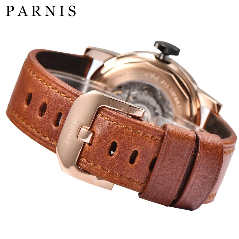 Parnis 43mm Rose Gold Case Mechanical Watch Automatic Waterproof Power Reserve