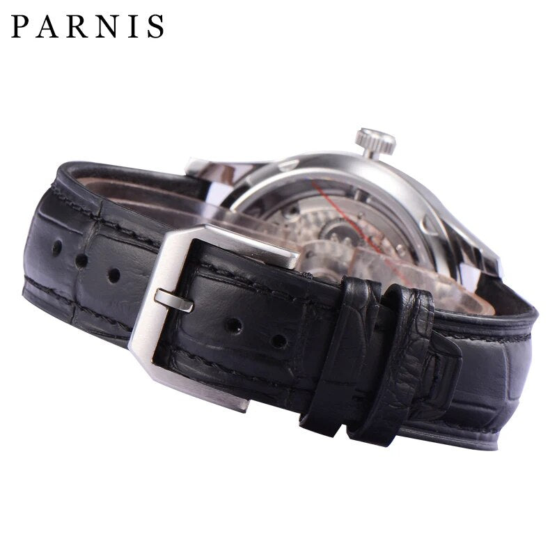 Parnis 43mm White Dial Automatic Watch Power Reserve Leather Strap