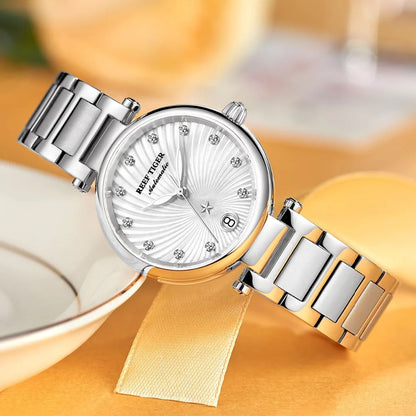 Reef Tiger RGA1590 Women Luxury Austria Crystal Scale Sapphire Mirror Lady Automatic Watch