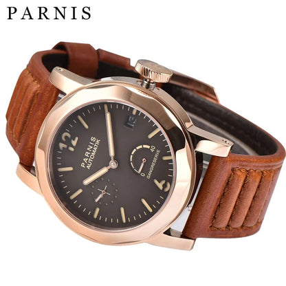 Parnis 43mm Rose Gold Case Mechanical Watch Automatic Waterproof Power Reserve