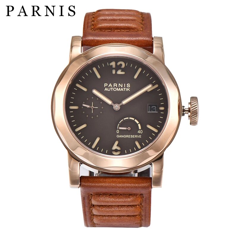 Parnis 43mm Rose Gold Case Mechanical Watch Automatic Waterproof Power Reserve