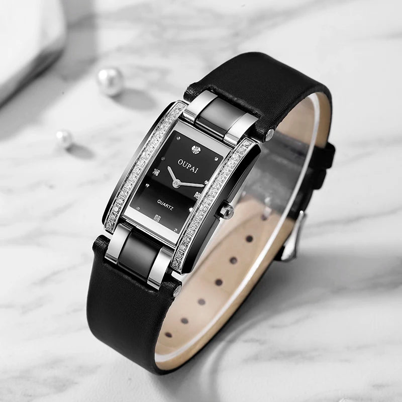 Oupai Swiss Movement Rectangle Watch Lady Black Ceramic Waterproof Luxury Watch Women or with Leather strap