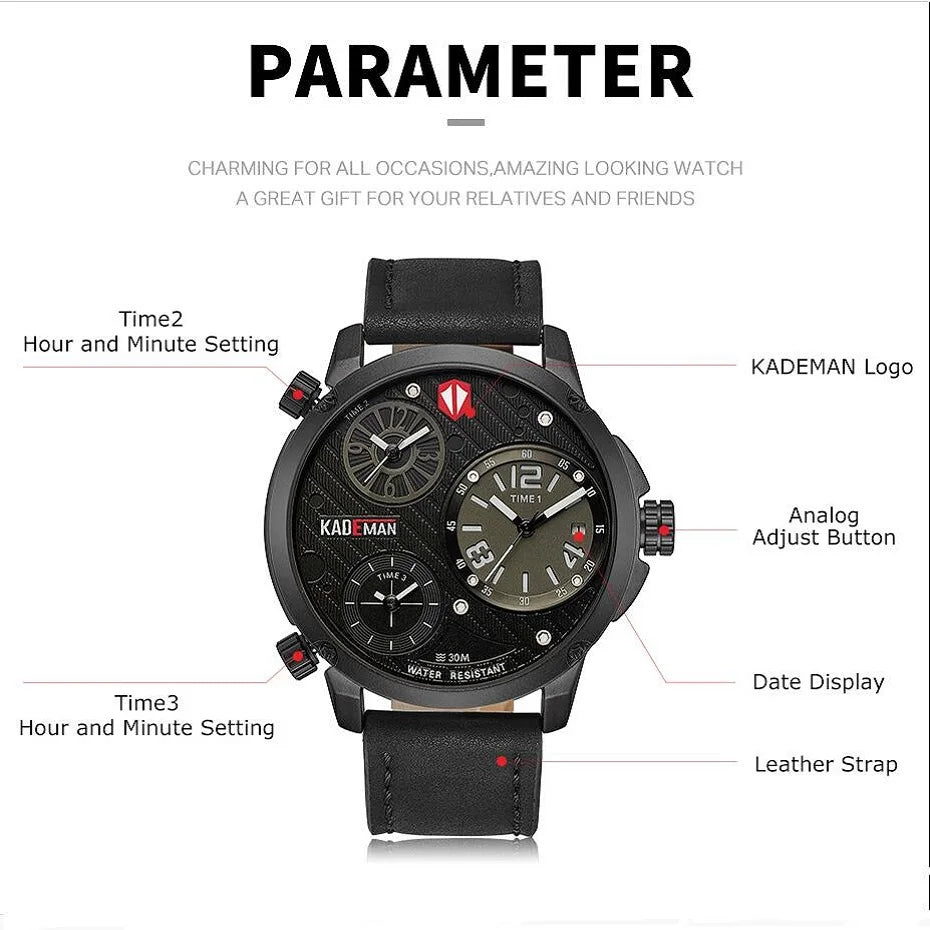 Kademan Quartz Big Dial Watch with Leather band and Waterproof