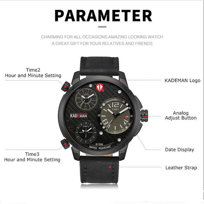 Kademan Quartz Big Dial Watch with Leather band and Waterproof