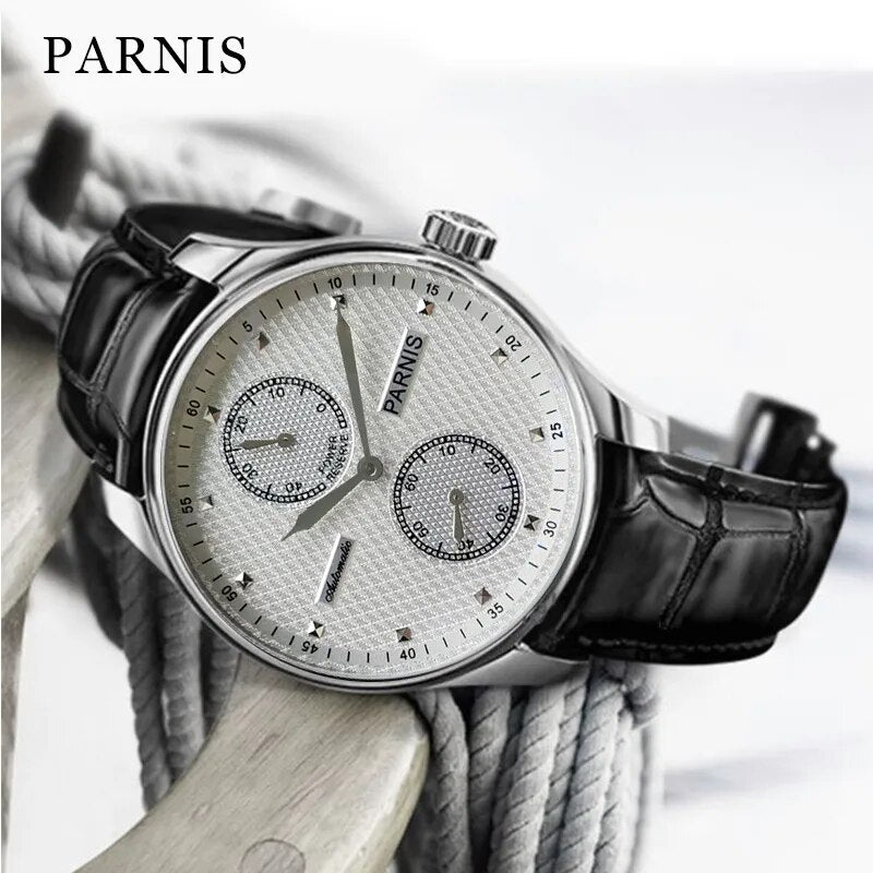 Parnis 43mm White Dial Automatic Watch Power Reserve Leather Strap