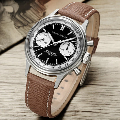 Pierre Paulin Men's Chronograph Watch Traditional Hand Wind Mechanical Luxury Leather Strap Waterproof