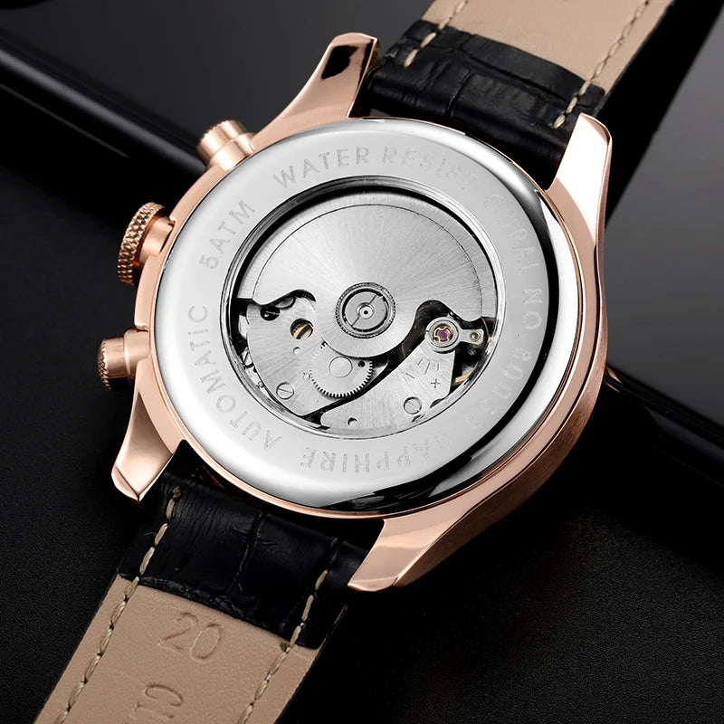 Oupai Commander Design Muti-Function Automatic Watch with Week Calendar Waterproof Leather Strap