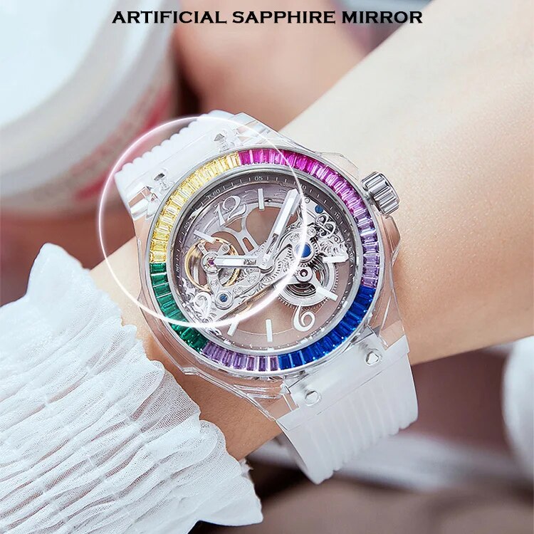 Hanboro Automatic Ladies Crystal Waterproof Luminous Watch with strong Silicone band