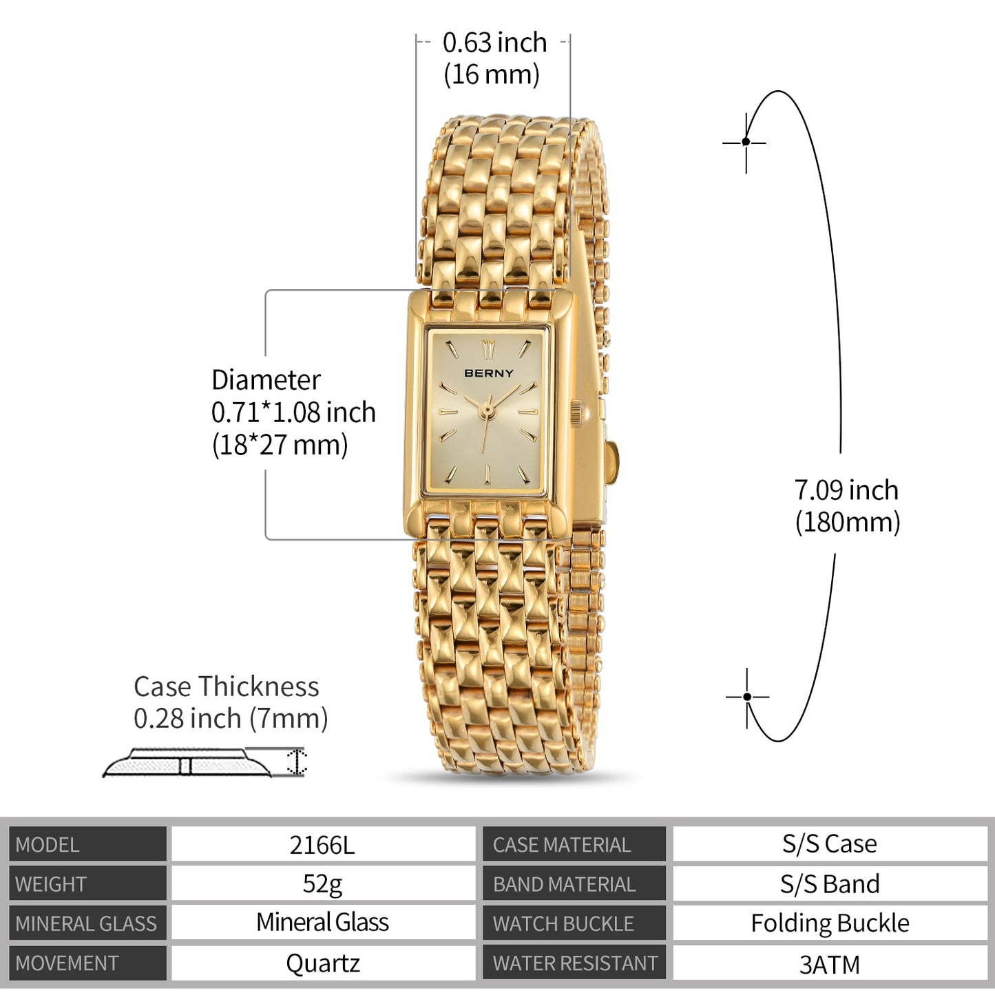 BERNY 女士手表有不同表面颜色可供选择。防水金色女不锈钢