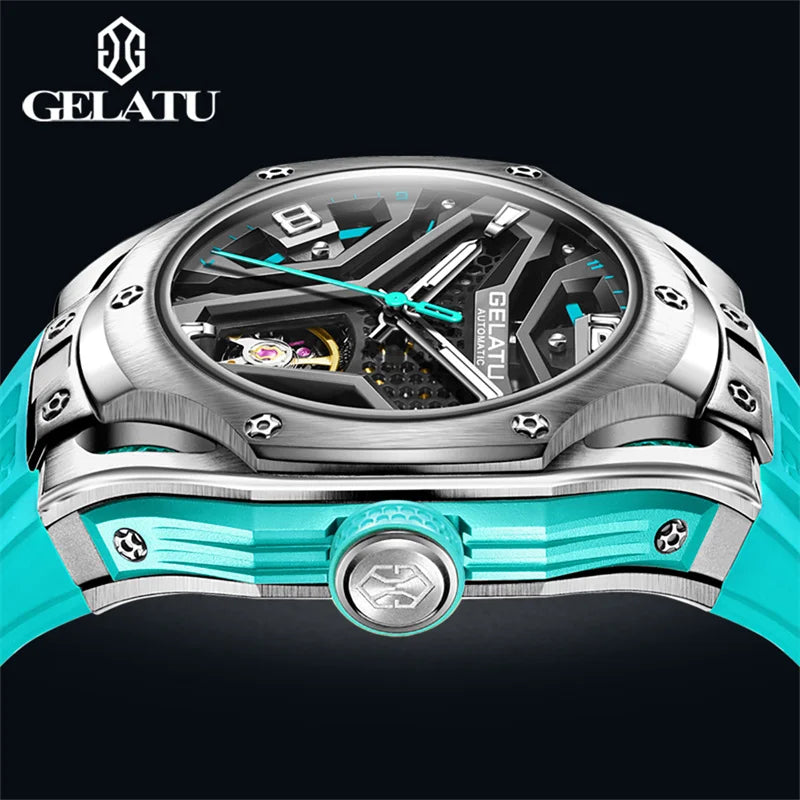 Gelatu Automatic Watch 53mm Big Dial Wristwatch Skeleton Tourbillon Design Waterproof