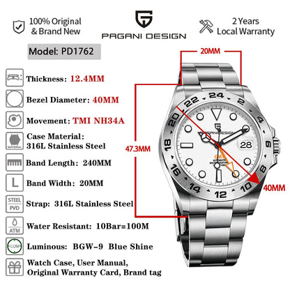 Pagani Design NH34 GMT Men Automatic Mechanical Watch Stainless Steel