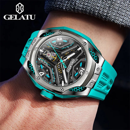 Gelatu Automatic Watch 53mm Big Dial Wristwatch Skeleton Tourbillon Design Waterproof