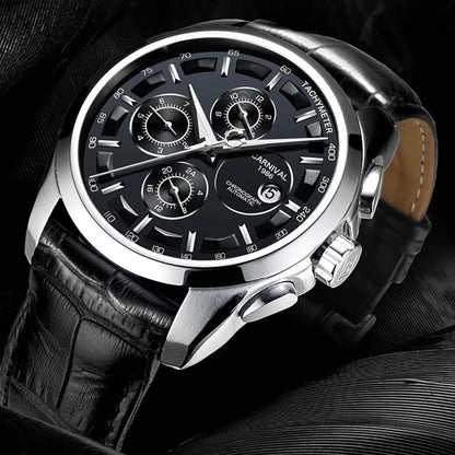 Carnival Men's Multifunction Dial Watch Men 3ATM Waterproof Leather Strap and Automatic