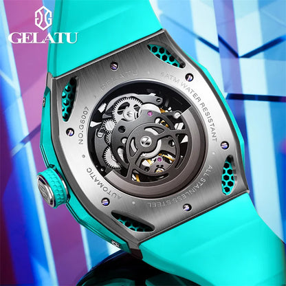 Gelatu Automatic Watch 53mm Big Dial Wristwatch Skeleton Tourbillon Design Waterproof