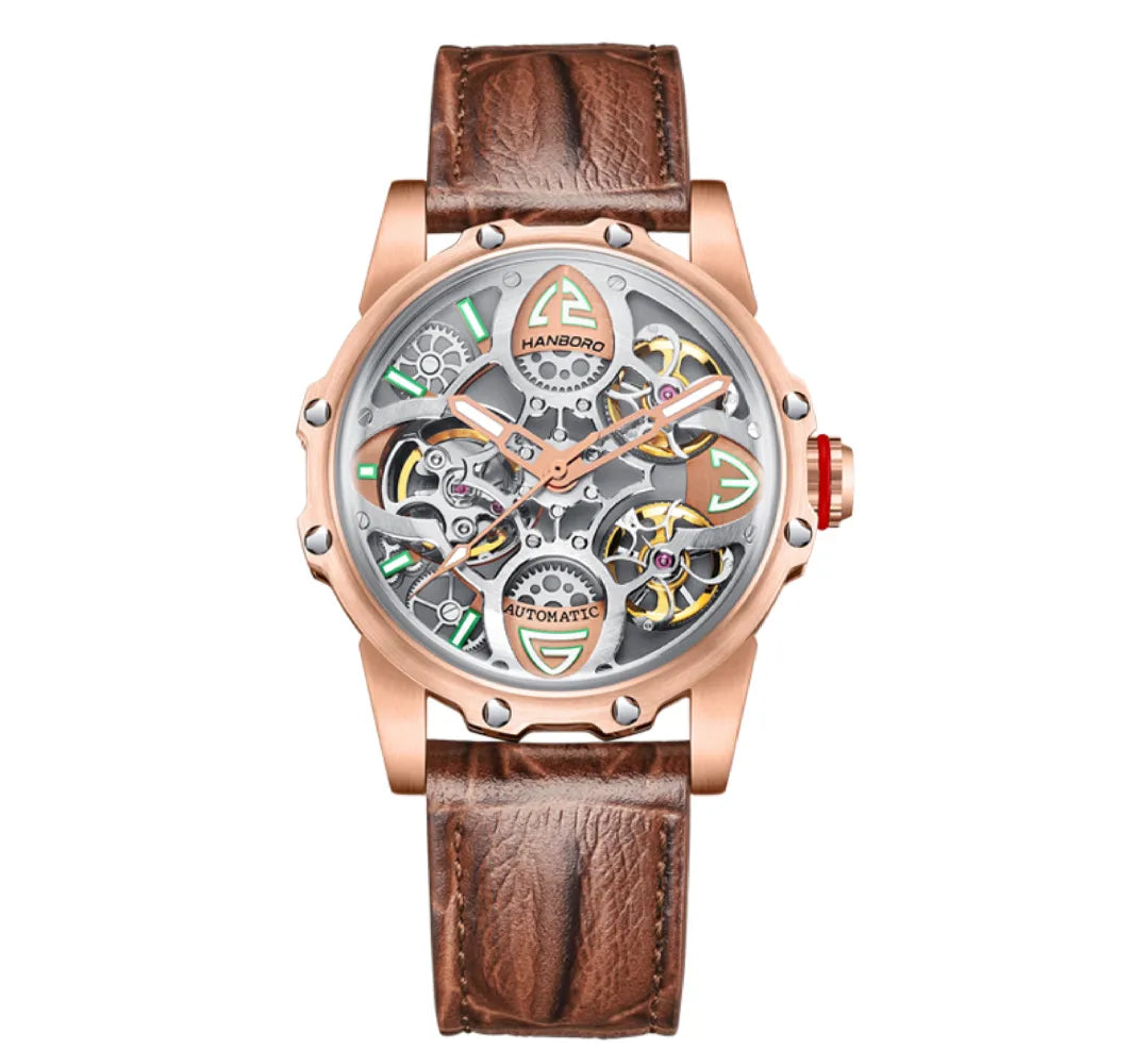 Hanboro Skeleton Automatic Watch Steel Case Leather Strap and Water Resistant