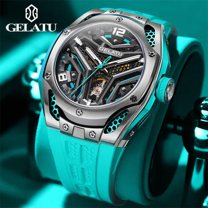 Gelatu Automatic Watch 53mm Big Dial Wristwatch Skeleton Tourbillon Design Waterproof