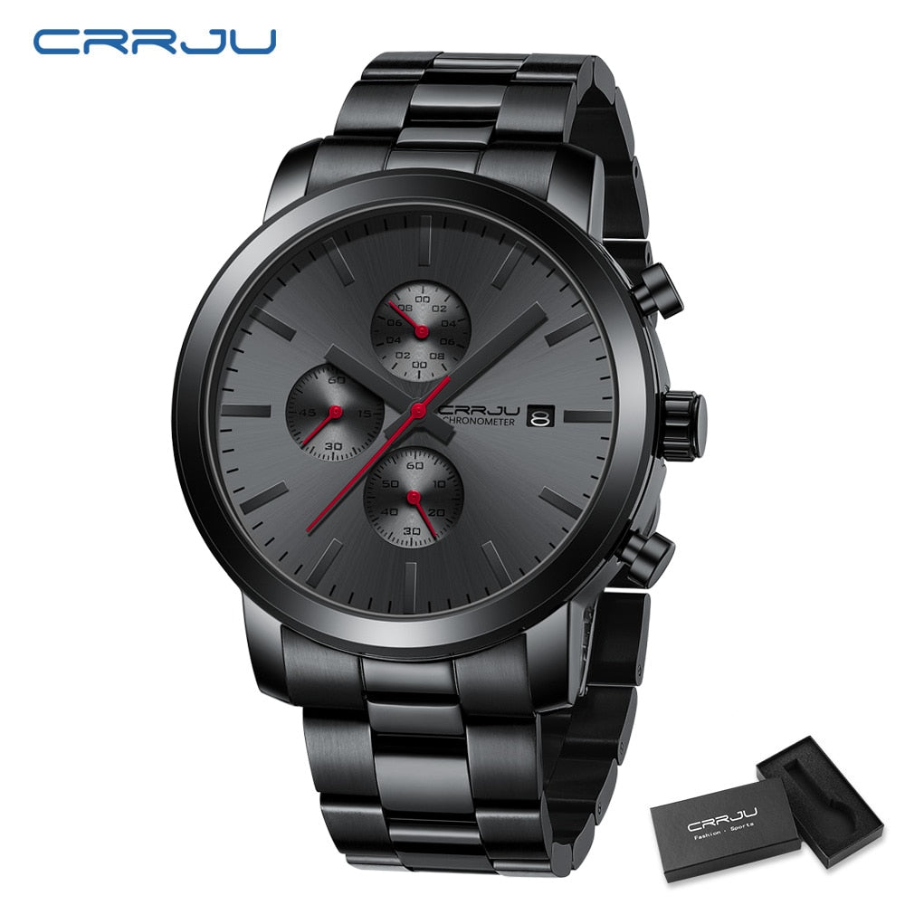 Crrju Watch with Stainless Steel Waterproof Chronograph Quartz and with date