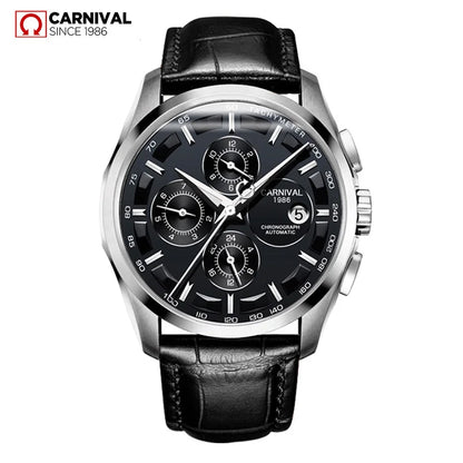 Carnival Men's Multifunction Dial Watch Men 3ATM Waterproof Leather Strap and Automatic