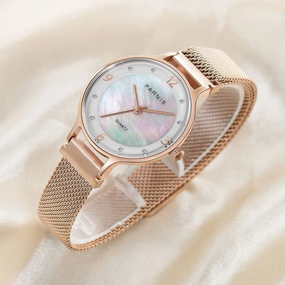 Parnis 30mm Rose Gold Mother Of Pearl Fashion Watch Stainless Steel Magnet Strap Waterproof