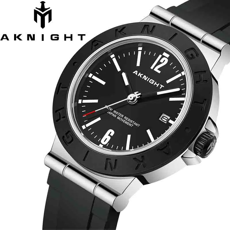 Aknight Watch Black Silicone Strap Quartz Movement Waterproof with Date Clock