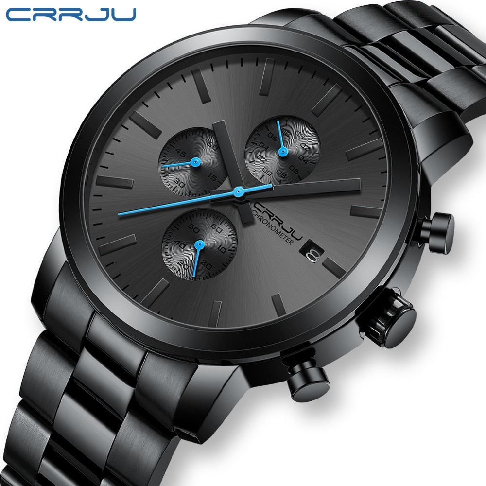 Crrju Watch with Stainless Steel Waterproof Chronograph Quartz and with date