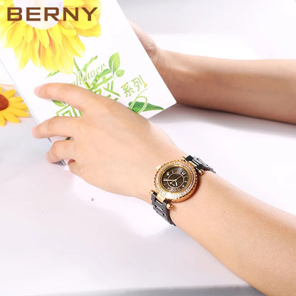 Berny Watch Swiss Quartz 705 Ceramic Bracelet Wristwatch Sapphire Rhinestones