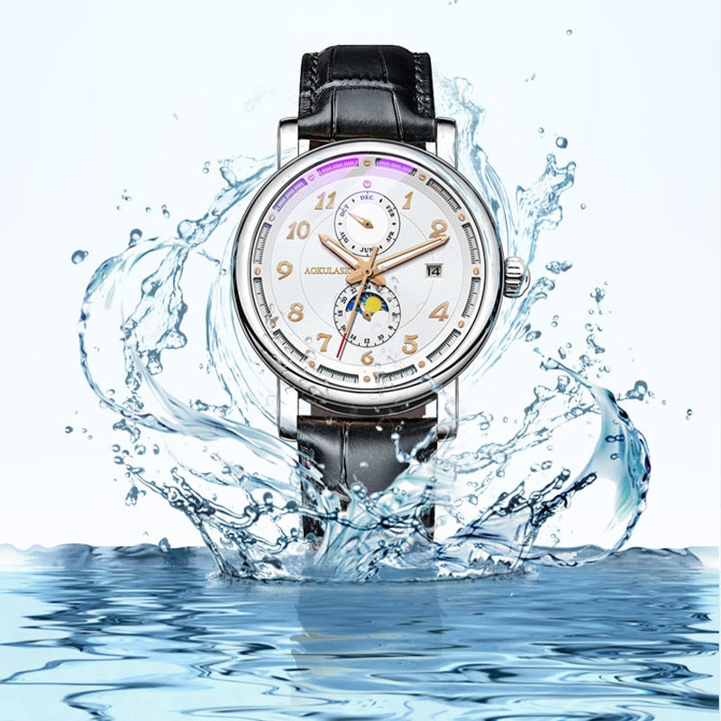 Aokulasic Automatic Mechanical Watch Men's Classic Design Men's Watch Leather Waterproof