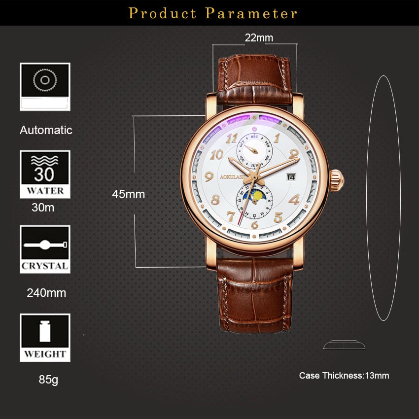 Aokulasic Automatic Mechanical Watch Men's Classic Design Men's Watch Leather Waterproof