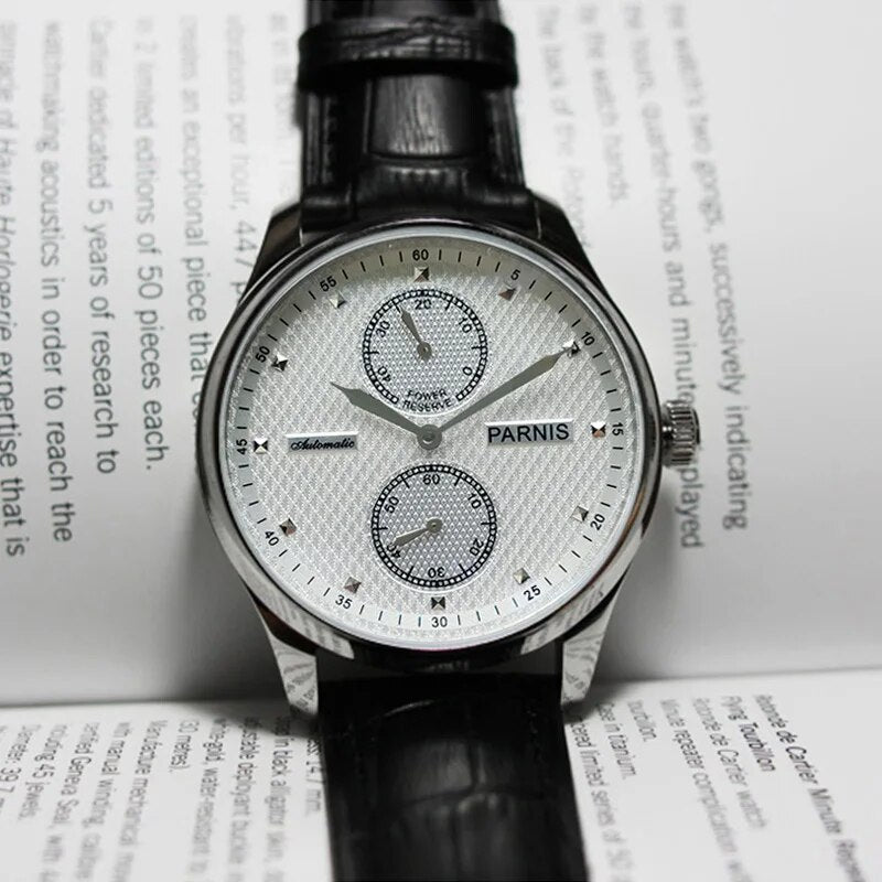 Parnis 43mm White Dial Automatic Watch Power Reserve Leather Strap