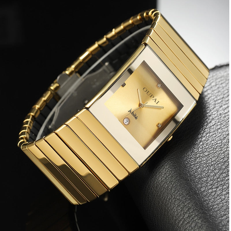 OUPAI 金色陶瓷34毫米手表 - 石英表男士超薄方形手表