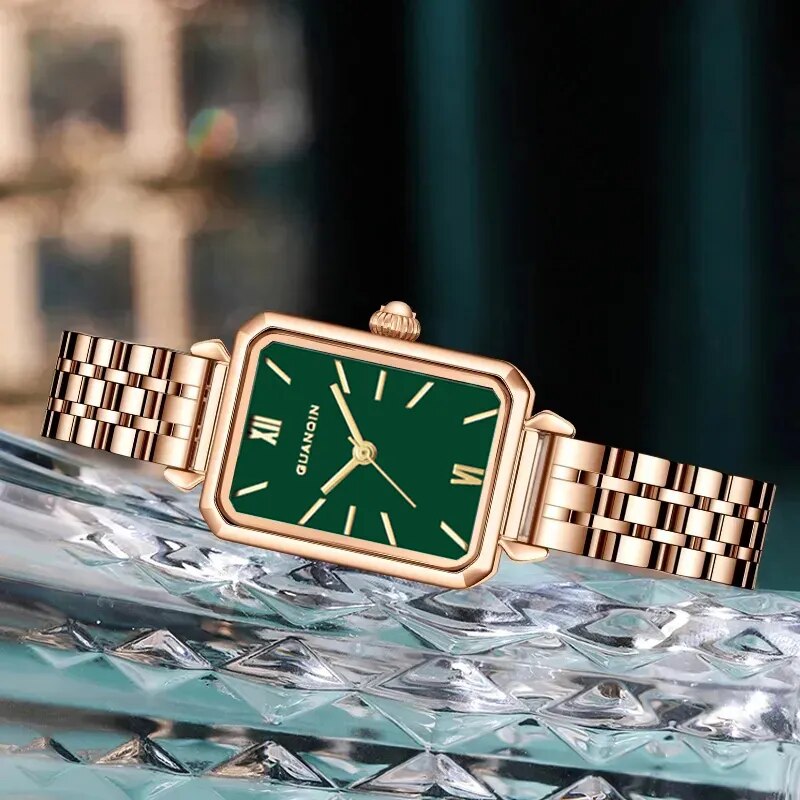 Guanqin Quartz ,Green Face, Gold Watch Stainless Steel Waterproof