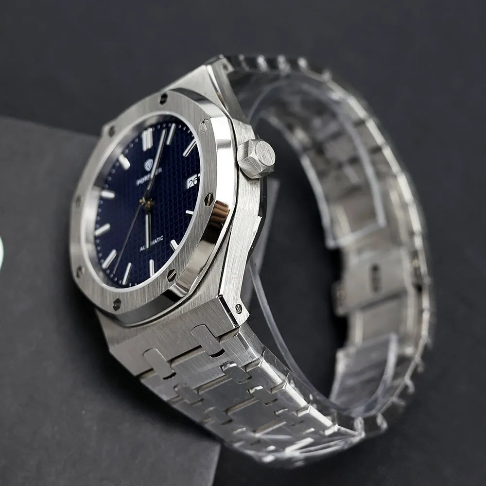 Porstier Blue Dial Watch Mechanical Sapphire Glass Waterproof Automatic