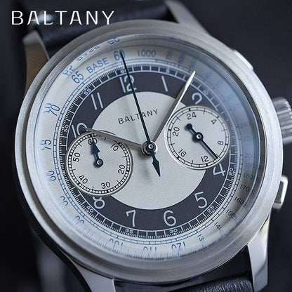 Baltany Tuxedo Chronograph Vintage Watch 39mm Dial Stainless Steel Leather Strap Quartz Men Watch