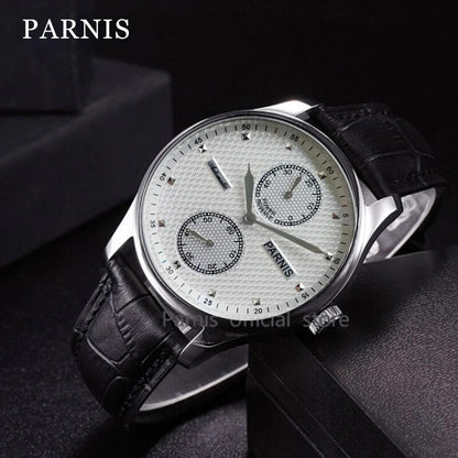 Parnis 43mm White Dial Automatic Watch Power Reserve Leather Strap