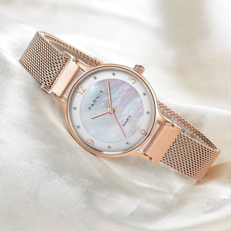 Parnis 30mm Rose Gold Mother Of Pearl Fashion Watch Stainless Steel Magnet Strap Waterproof