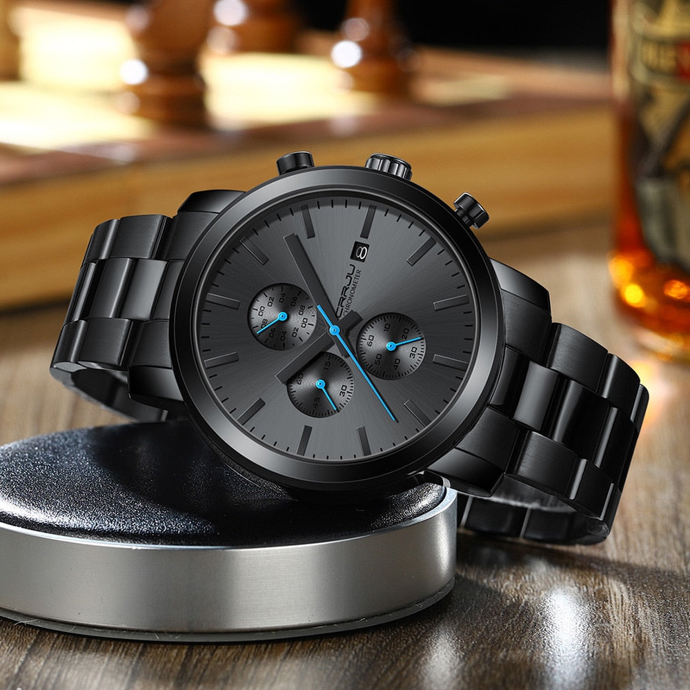 Crrju Watch with Stainless Steel Waterproof Chronograph Quartz and with date