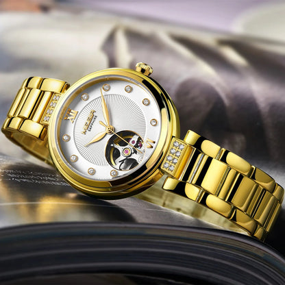 Megir Stainless Steel Gold Bracelet Watch with Large Dial, Sapphire Crystal Glass, Automatic and Water Resistant