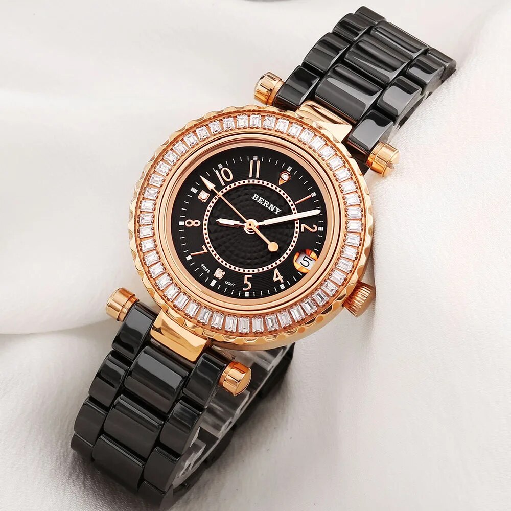 Berny Watch Swiss Quartz 705 Ceramic Bracelet Wristwatch Sapphire Rhinestones