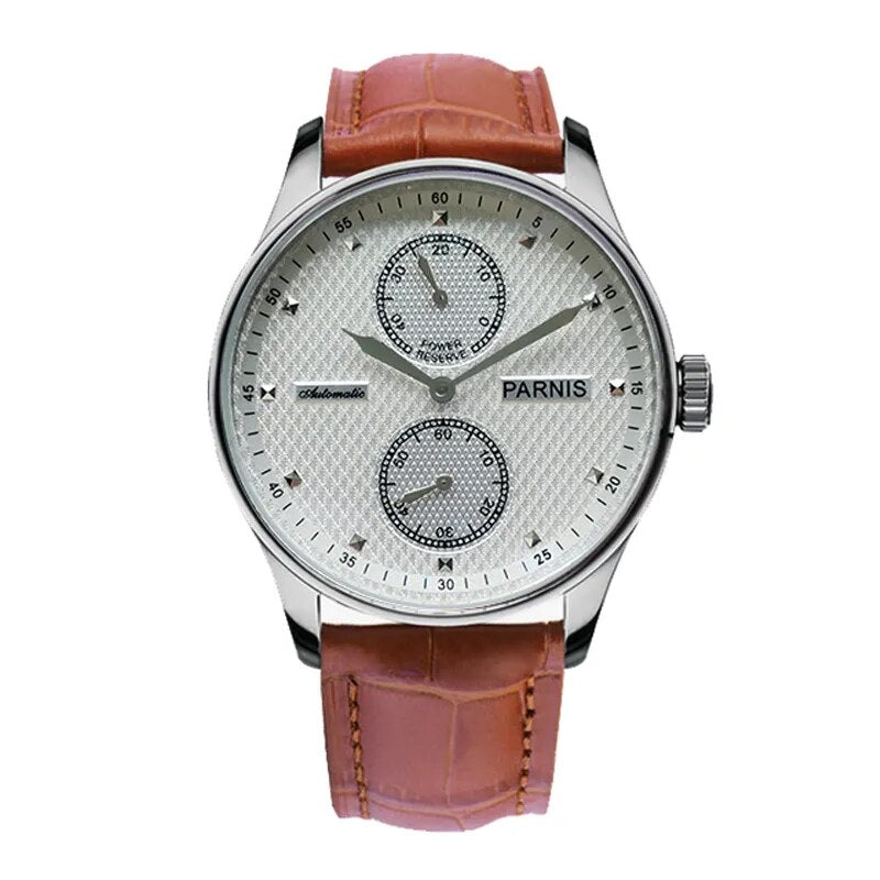 Parnis 43mm White Dial Automatic Watch Power Reserve Leather Strap