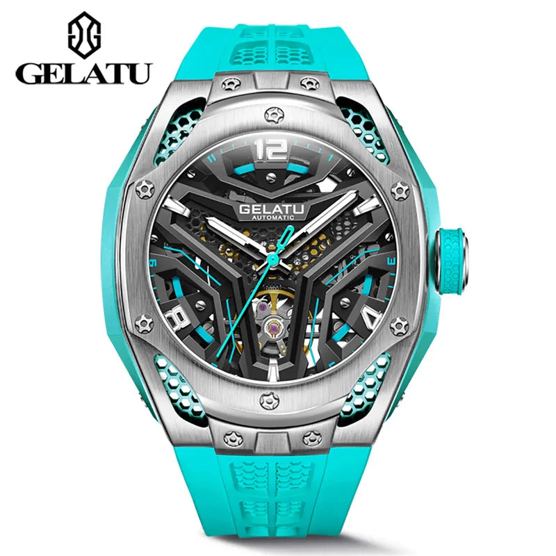 Gelatu Automatic Watch 53mm Big Dial Wristwatch Skeleton Tourbillon Design Waterproof