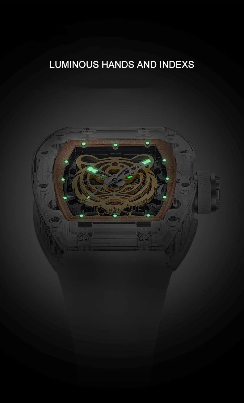 Cronusart Automatic Luxury Tonneau Watch Acrylic Case Luminous Fluro Rubber Strap Skeleton Tiger Dial